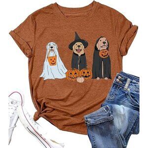 Women's Brown Cotton Blend Halloween Ghost Retro Spooky Short Sleeve T Shirt